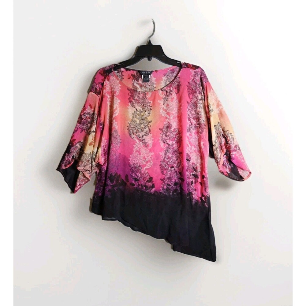 Citron Santa Monica 100% Silk Georgette Top - L - Asymmetrical Sheer Boho Blouse